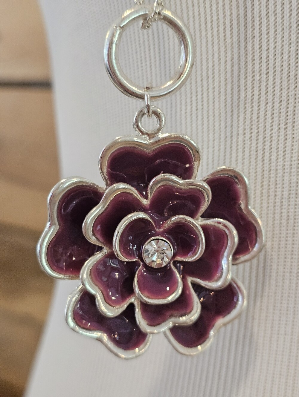 Silvertone And Purple Enamel Flower Pendant Necklace w/ Crystal Accent - Picture 3 of 6